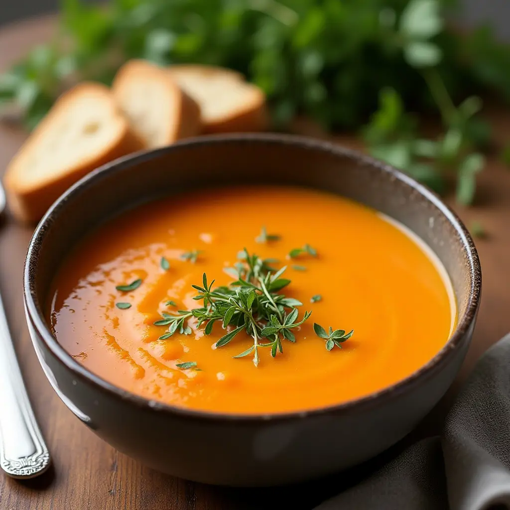 Bowl of vibrant orange soup garnished with herbs, with bread slices in the background.