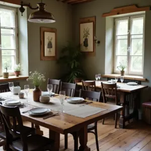 Cozy dining room with wooden tables, plants, and elegant table settings. Natural light from windows enhances the atmosphere.