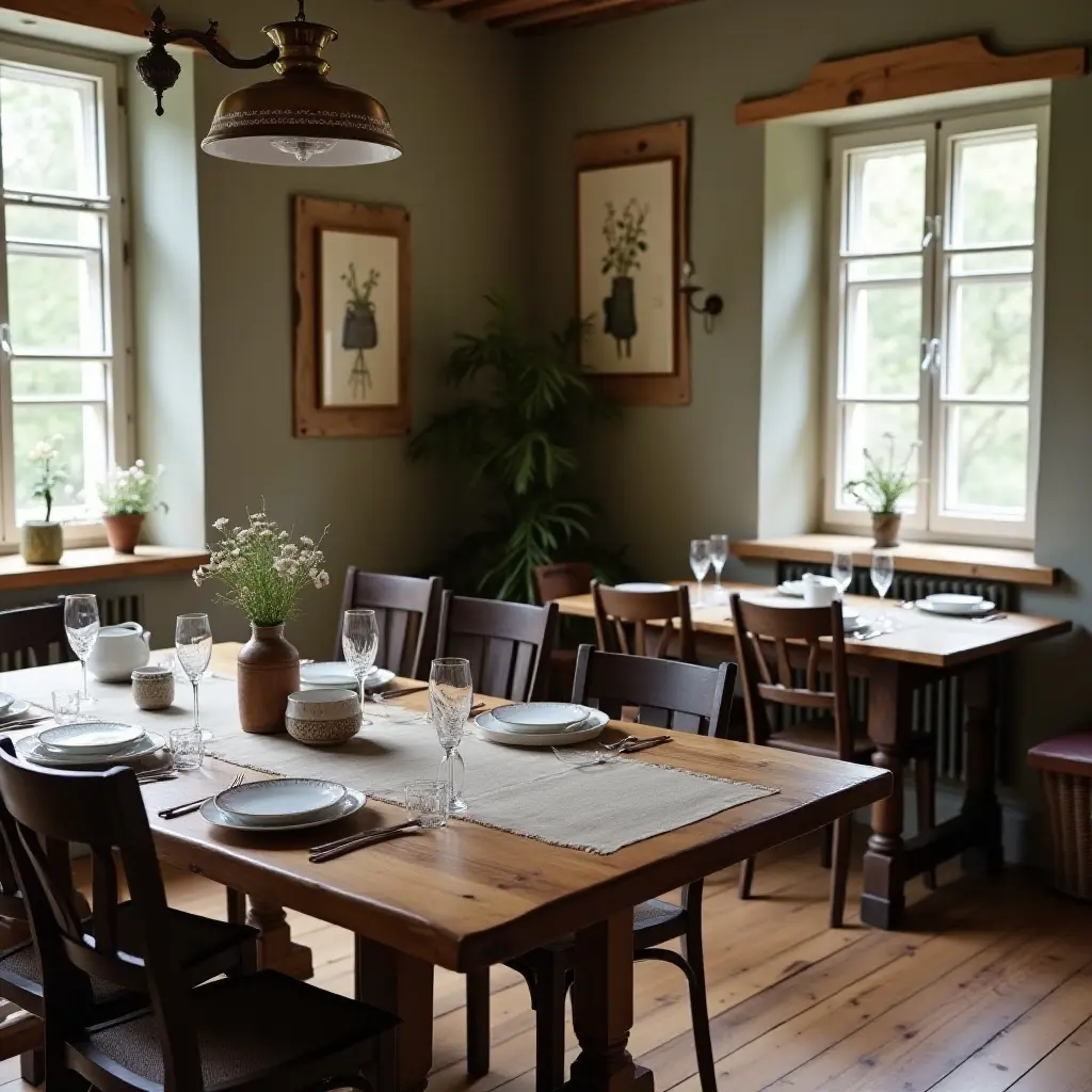 Cozy dining room with wooden tables, plants, and elegant table settings. Natural light from windows enhances the atmosphere.