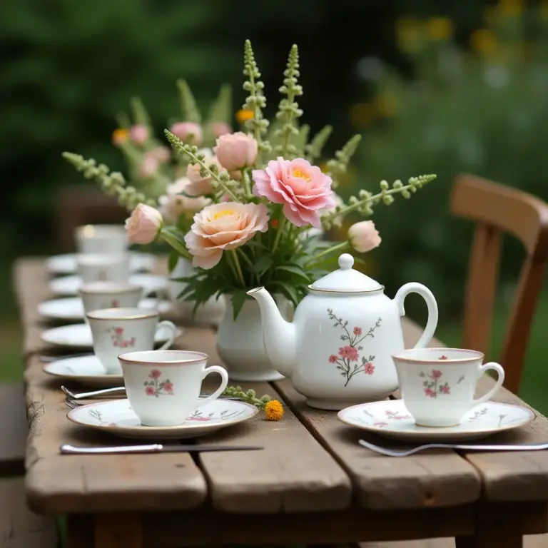 A beautifully set outdoor tea table with floral arrangements and porcelain teacups.