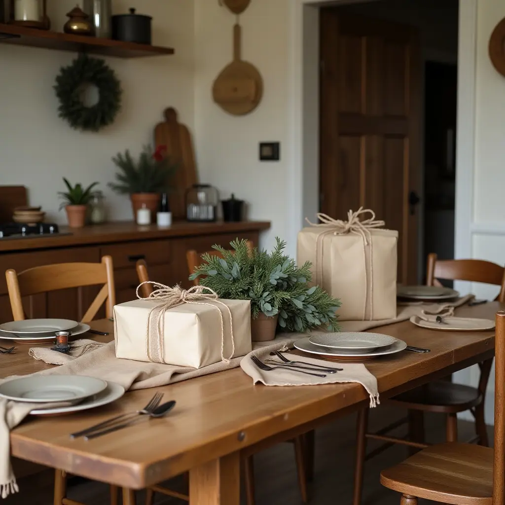 Cozy dining table set with wrapped gifts and greenery.