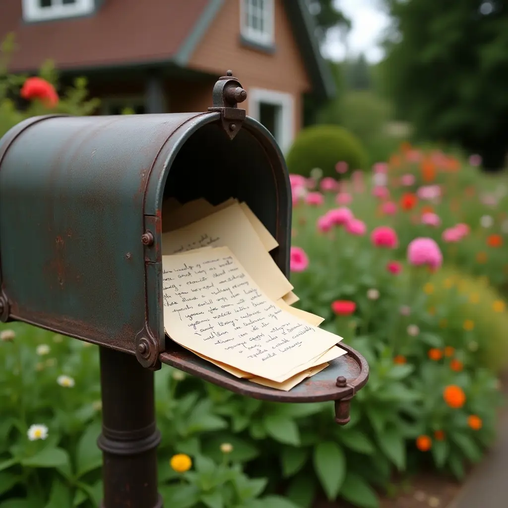 Rusty mailbox overflowing with handwritten letters in a colorful garden.