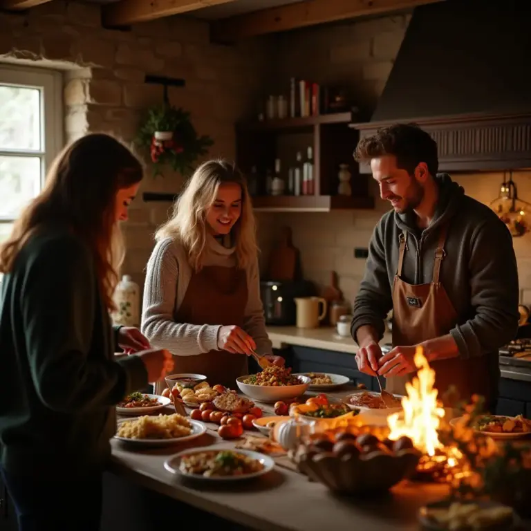 Three people cooking in a cozy kitchen, preparing dishes together with warm lighting.