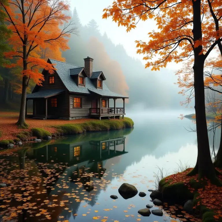 Charming cabin by a misty lake surrounded by autumn foliage.