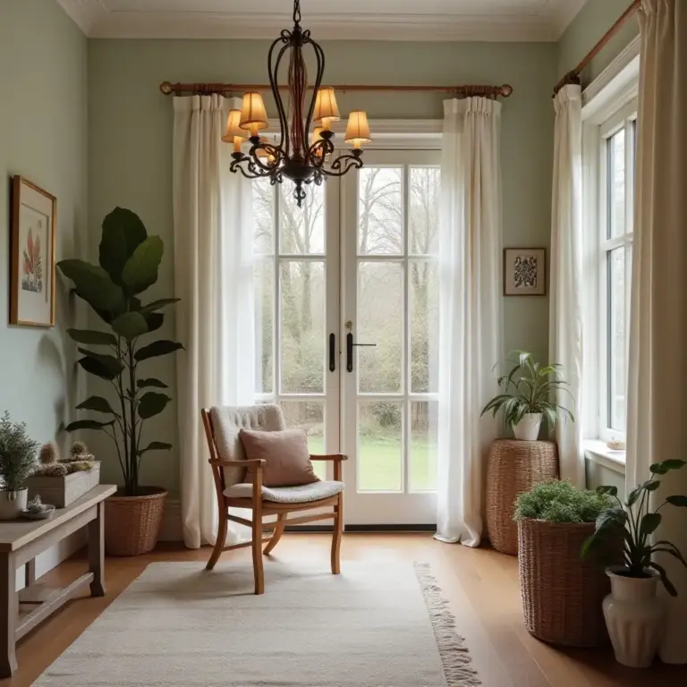 Cozy corner with a chair, plants, chandelier, and large windows letting in natural light.