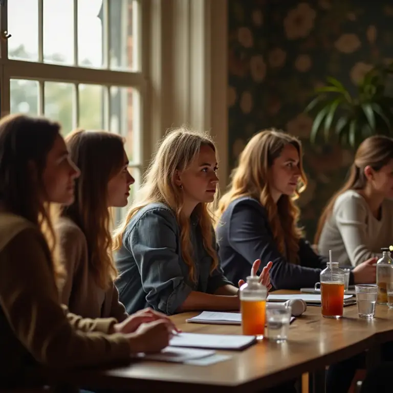 Group of women participating in a meeting at a table, with drinks and notebooks visible, seated by a large window.