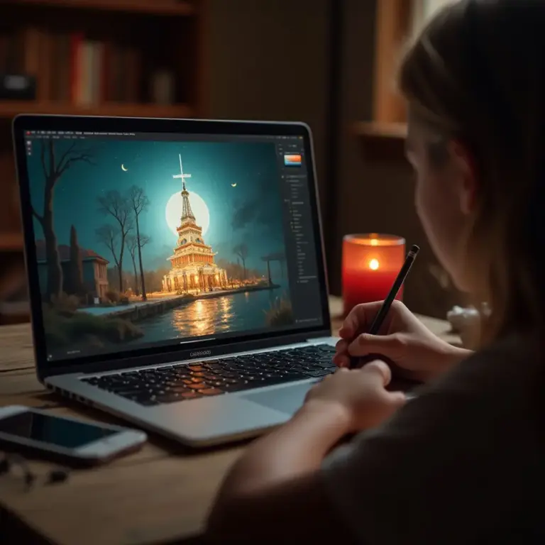 A person drawing on a laptop with a glowing tower image displayed. A candle lights the scene.