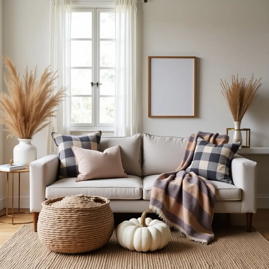 Cozy living room with a neutral sofa, decorative pillows, a pumpkin, and dried plants.