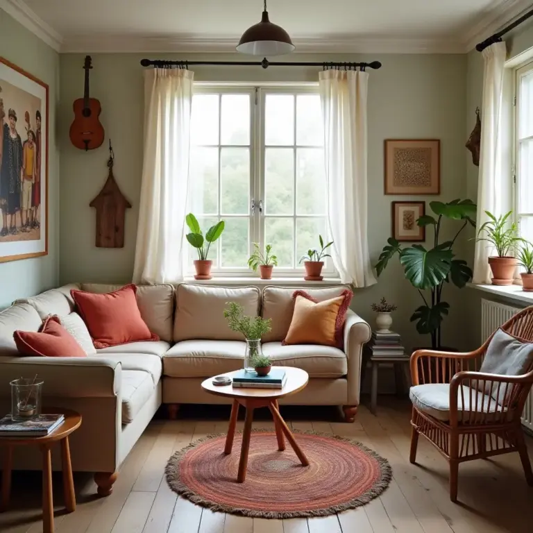 Cozy living room with plants, sunlight, and a comfortable sofa.