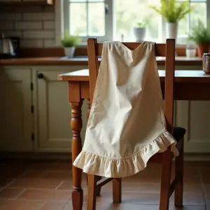 A cream-colored apron hanging on a wooden chair in a cozy kitchen.