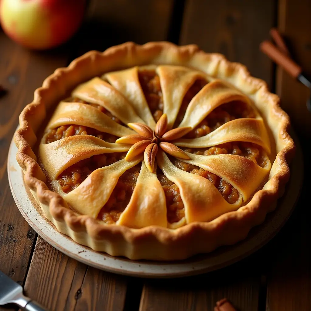 Golden apple pie with almond decoration on a wooden table.