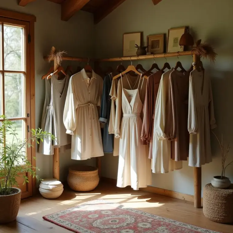 A cozy room with a clothing rack displaying various dresses and plants.