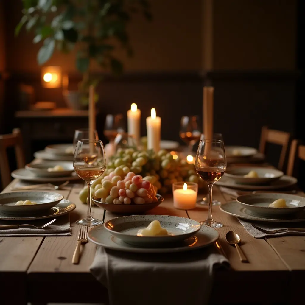 A beautifully set dining table with candles, fruits, and elegant tableware in a cozy atmosphere.