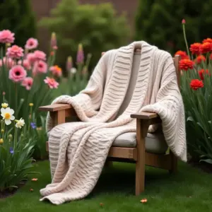 Cozy cream blanket draped over a wooden chair in a blooming garden.