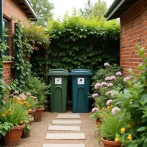 Two garbage bins between lush green plants and colorful flowers along a stone pathway.