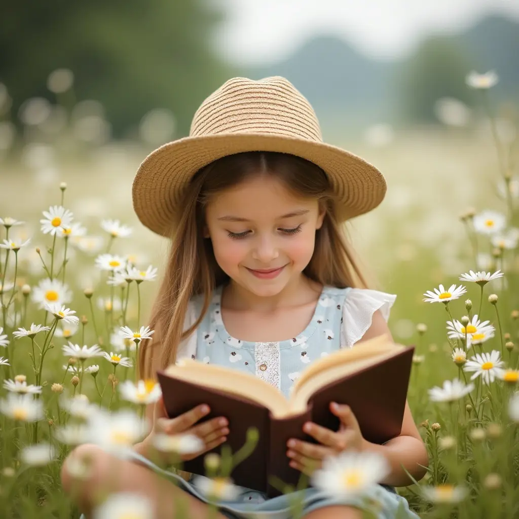 A young girl in a straw hat reading a book in a field of flowers.