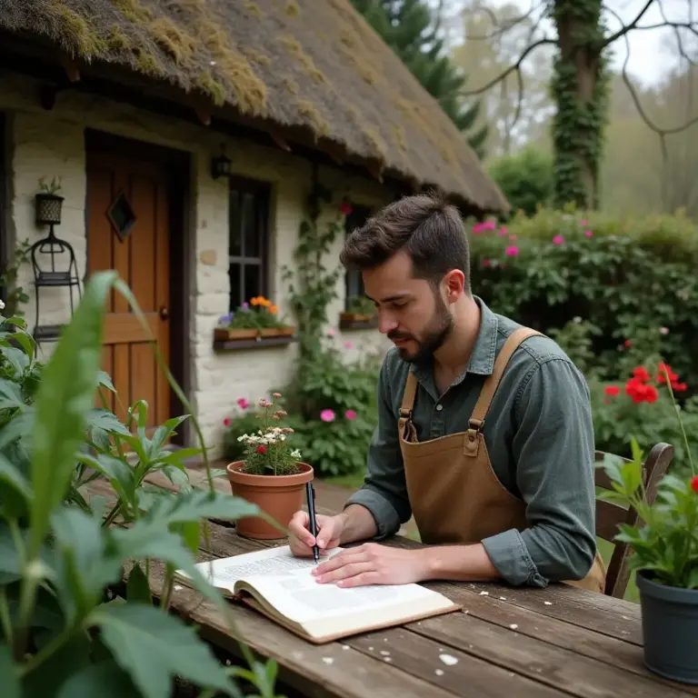 Man in overalls writing in a notebook at a garden table near a quaint cottage surrounded by colorful flowers.