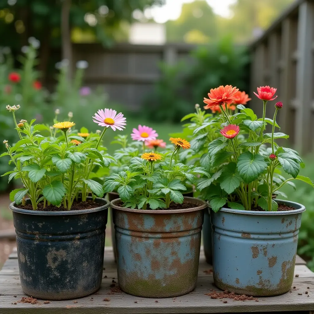 Three flower pots with vibrant blossoms in a garden setting.