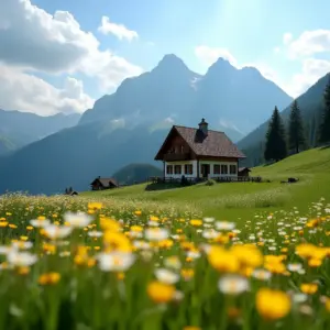 Idyllic countryside scene with a house, mountains, and wildflowers in bloom.