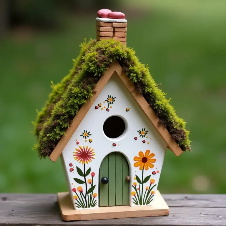 Decorative birdhouse with floral designs and moss-covered roof.