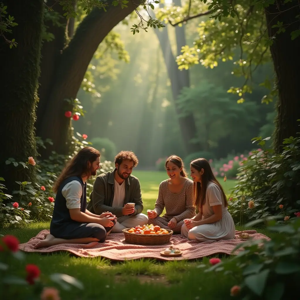 Four friends enjoying a picnic in a sunlit forest clearing.