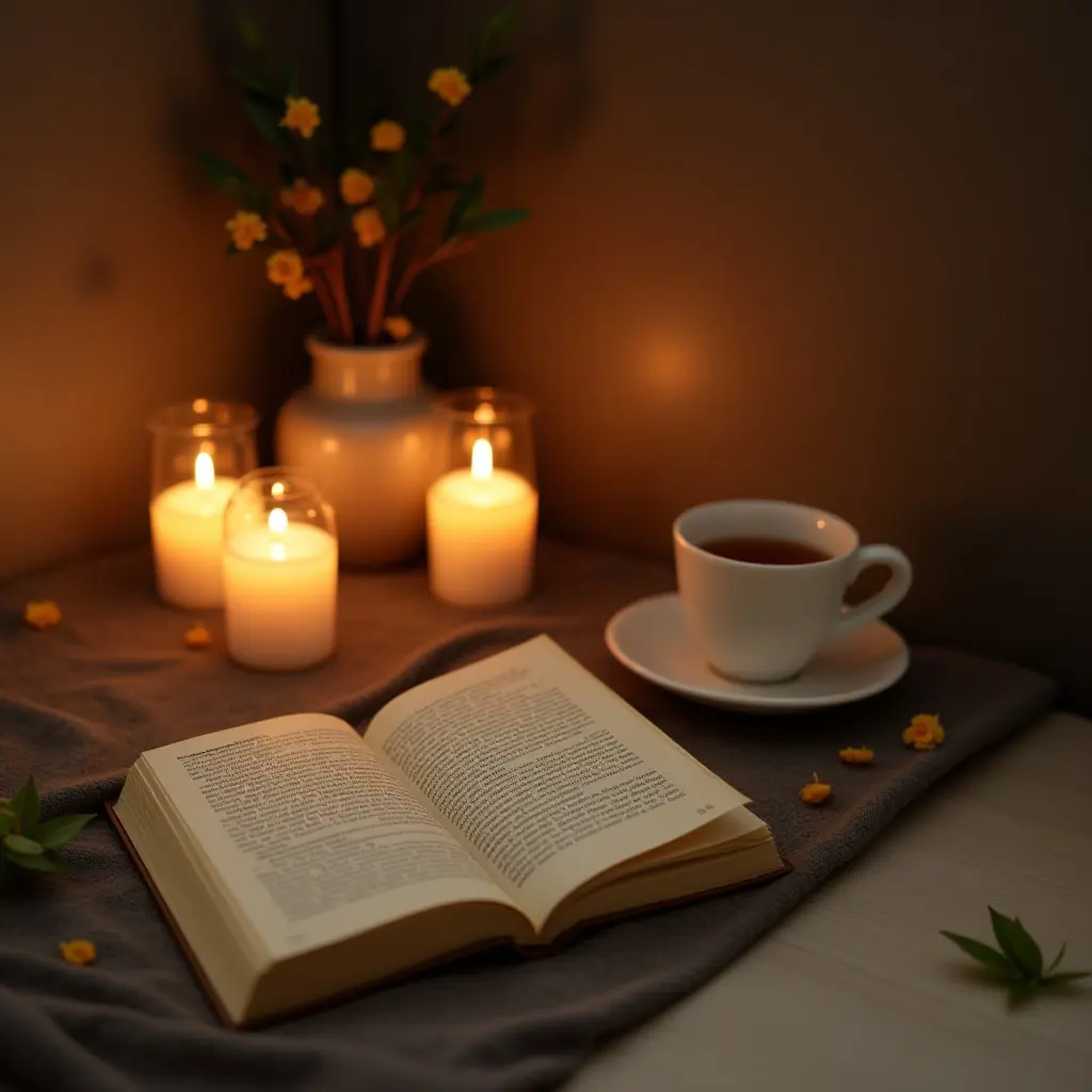 Open book beside a cup of tea and candles, creating a cozy atmosphere with flowers in a vase.