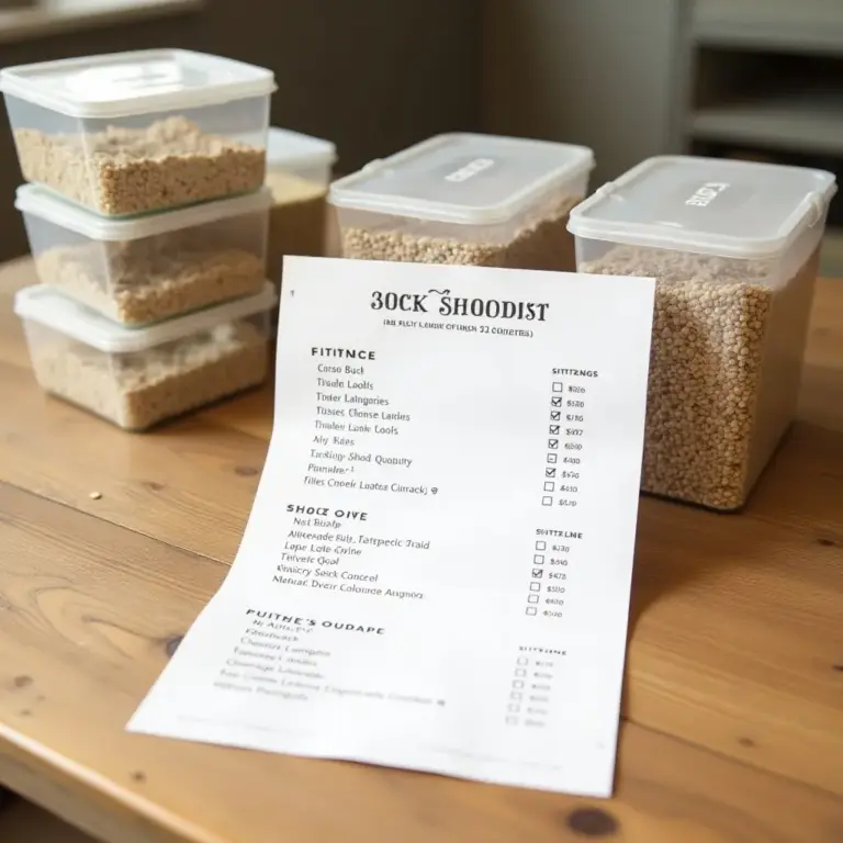 Storage containers of pellets beside a checklist for inventory and fitting.