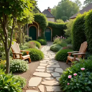 Lush garden pathway with stone tiles, green shrubs, and wooden chairs.