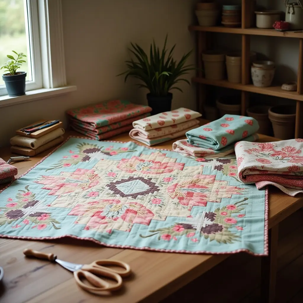 Cozy cottagecore quilting workspace