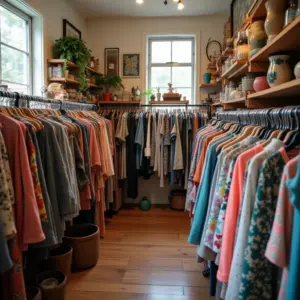 A cozy clothing boutique filled with colorful shirts on hangers.