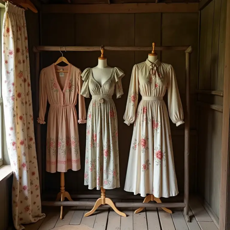 Three floral dresses displayed on mannequins in a rustic room.