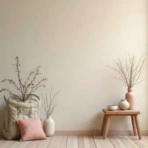 Minimalist room decor with vases, a plant, and wooden table.