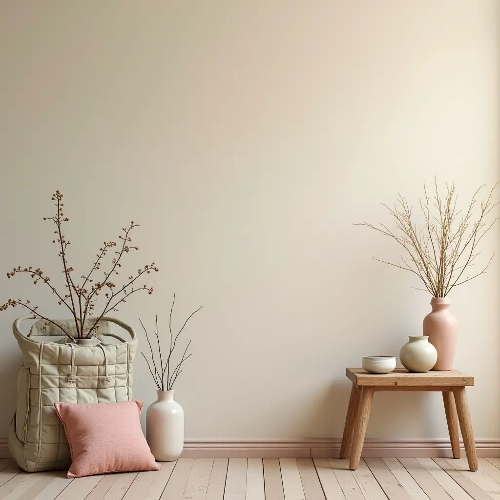 Minimalist room decor with vases, a plant, and wooden table.