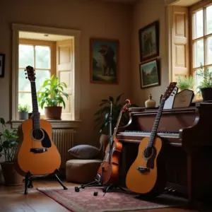 Cozy room with guitar, violin, and piano by sunny window.