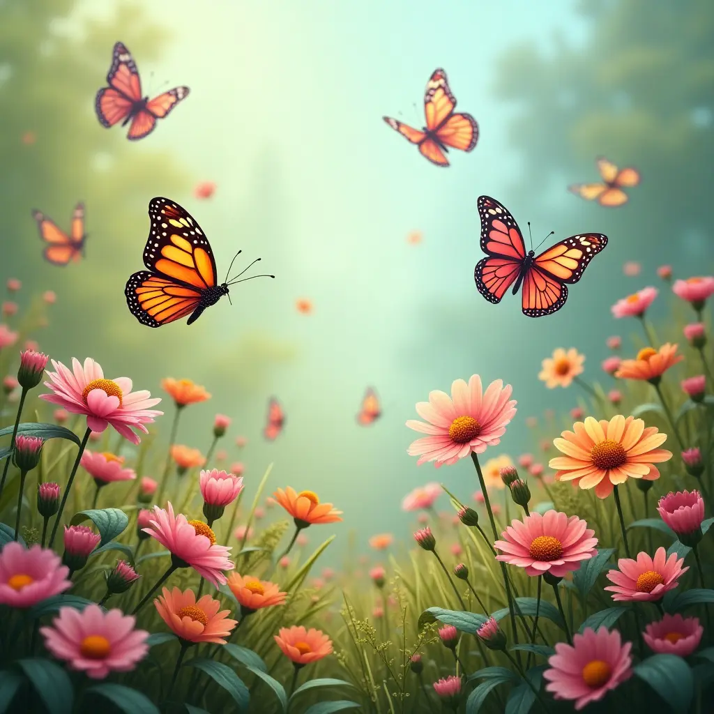 Colorful butterflies fluttering over vibrant flowers in a serene, picturesque meadow.