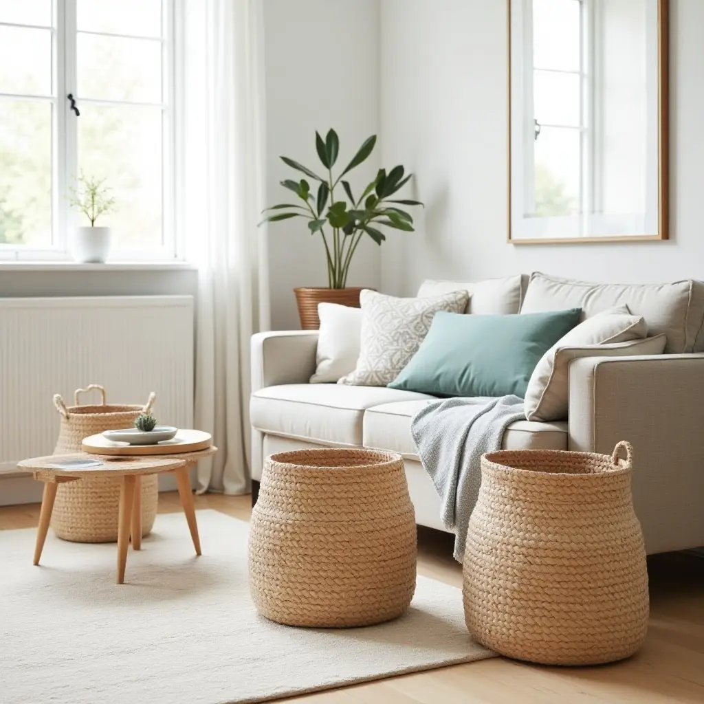 Cozy living room with woven baskets, a couch, and natural decor.