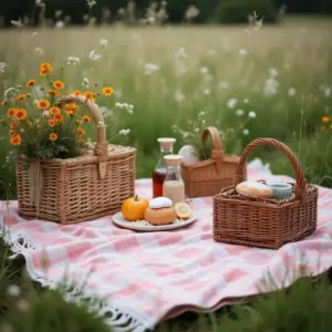 Picnic scene with baskets, flowers, and food on a checkered blanket in a grassy field.