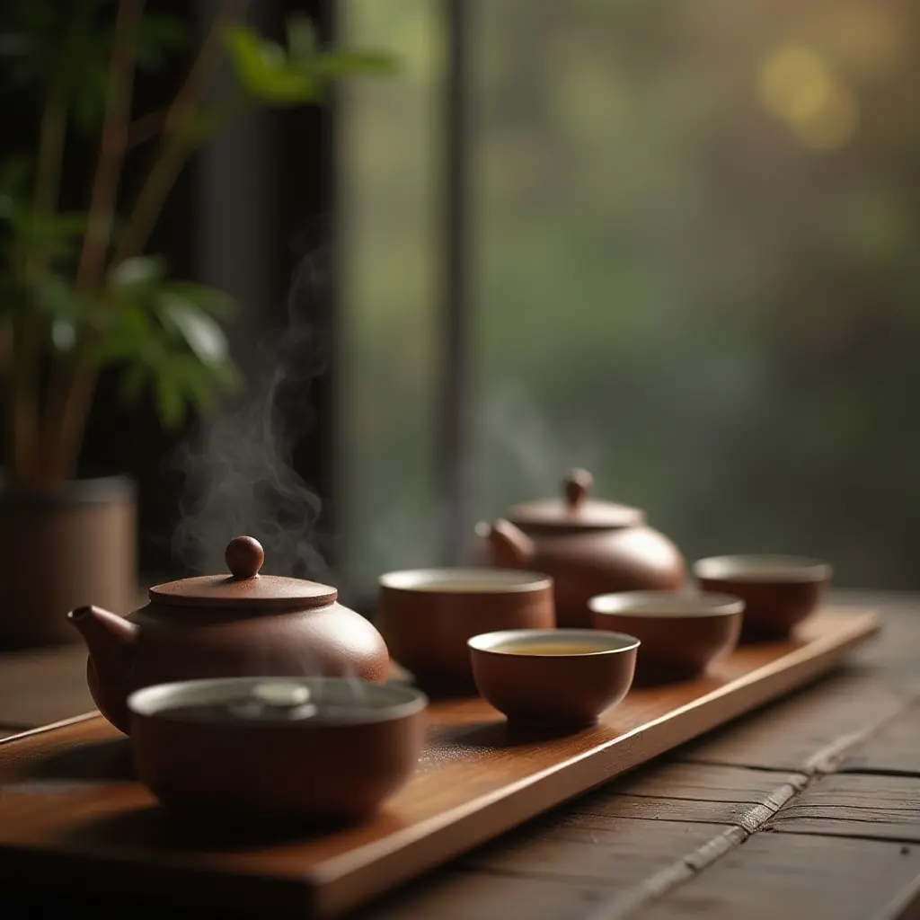 Steaming tea set on a wooden tray, surrounded by greenery.