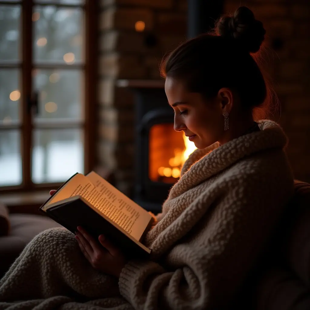 Reading by the fireplace in a cozy cottagecore setting