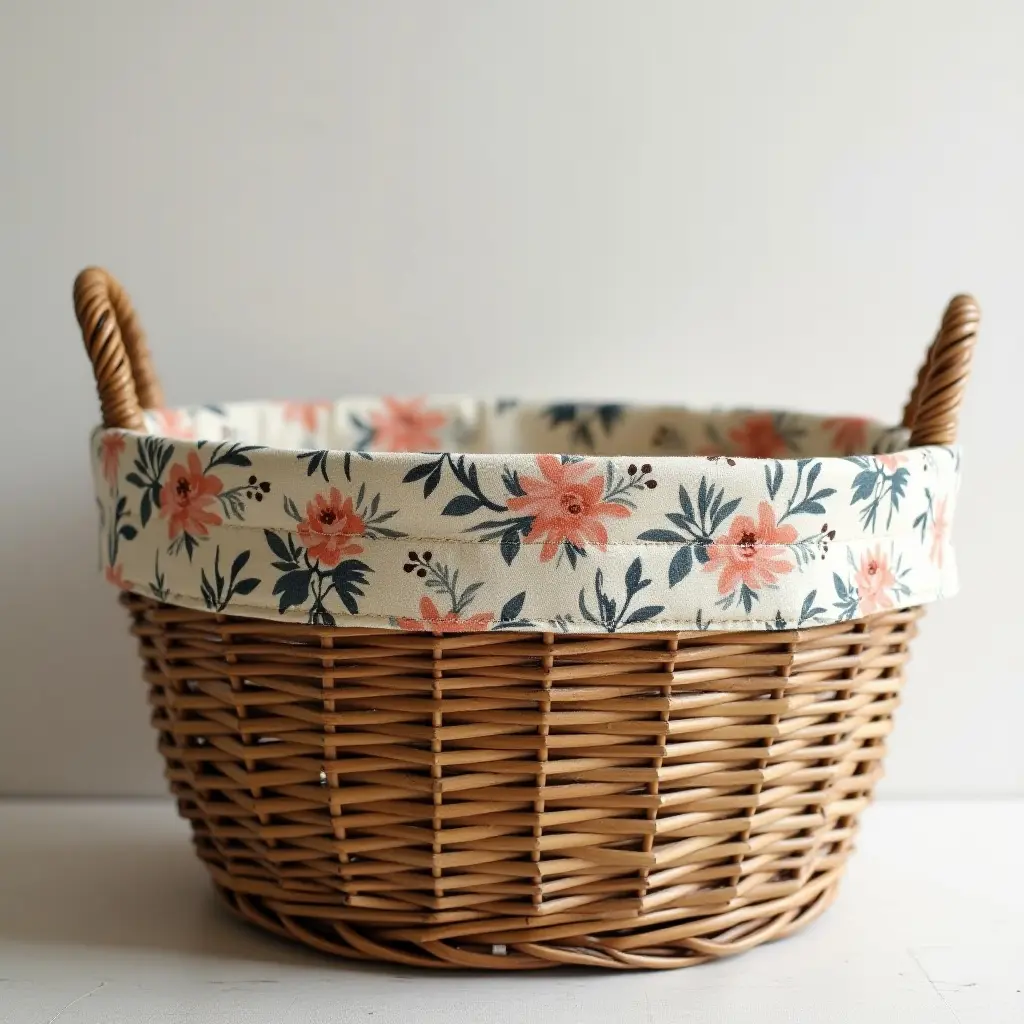 Wicker basket with floral fabric lining and two handles.