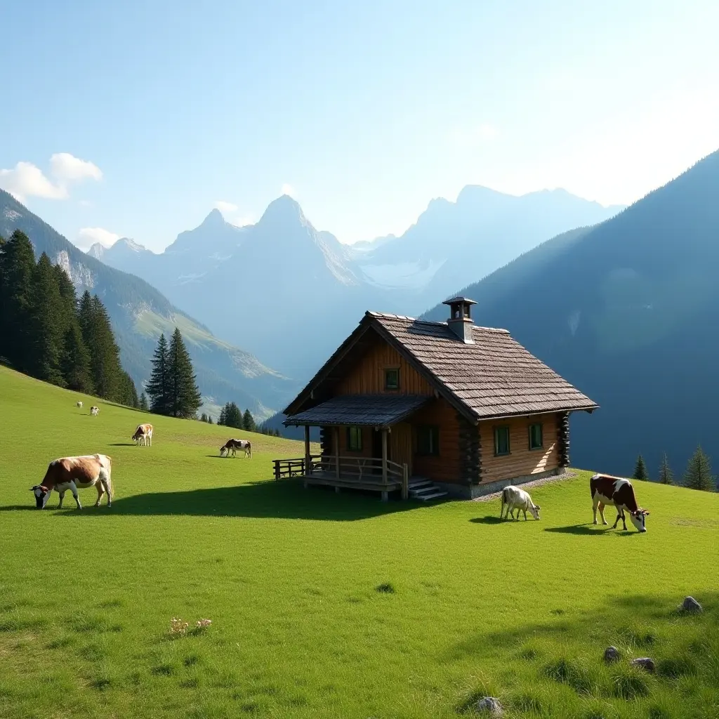 Wooden Cabin in Alpine Meadow