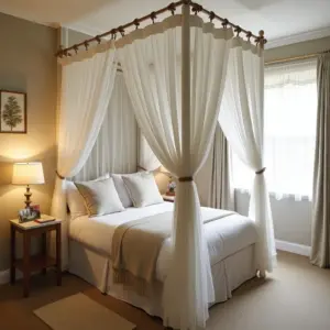 Cozy bedroom with a four-poster bed draped in white curtains. Warm lighting enhances the inviting atmosphere.