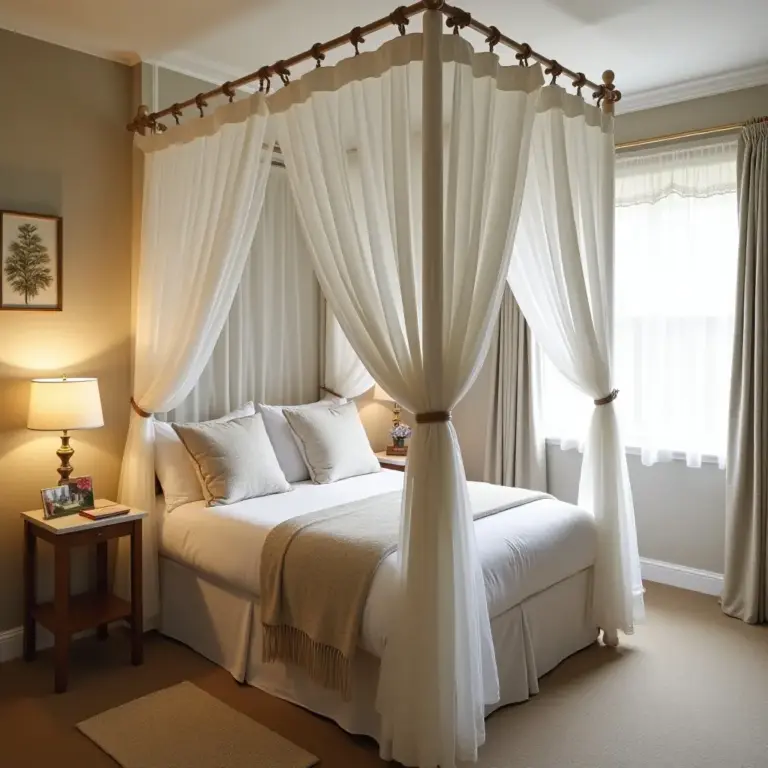 Cozy bedroom with a four-poster bed draped in white curtains. Warm lighting enhances the inviting atmosphere.