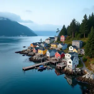 Colorful houses by a calm waterfront, surrounded by trees and mountains.