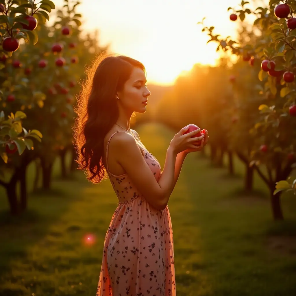 Woman holding an apple in an orchard at sunset, surrounded by apple trees.