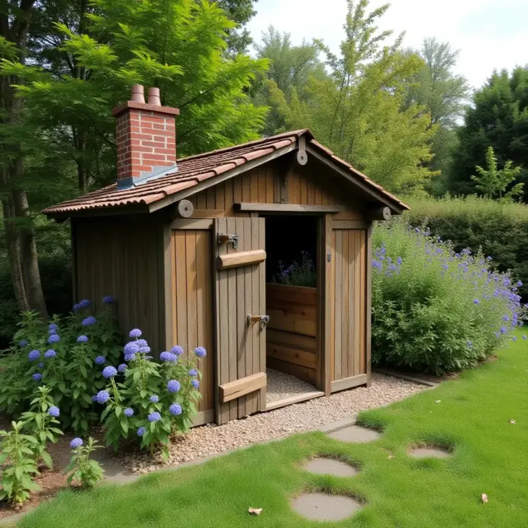 Wooden garden shed surrounded by greenery and blue flowers.