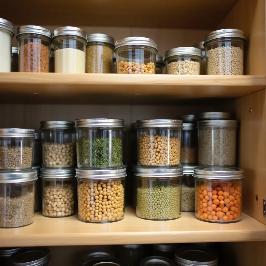 Shelf filled with jars of various dried beans and spices.