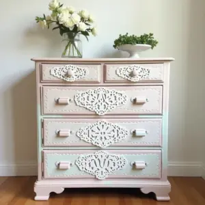 Vintage dresser with floral decor and intricate carvings. Fresh flowers in a vase on top.