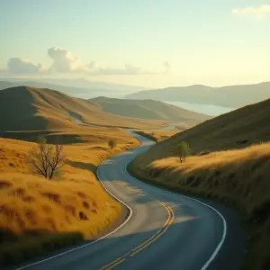 Winding road through golden grass hills under a bright sky.