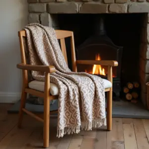 Cozy chair with a patterned blanket by a warm fireplace.